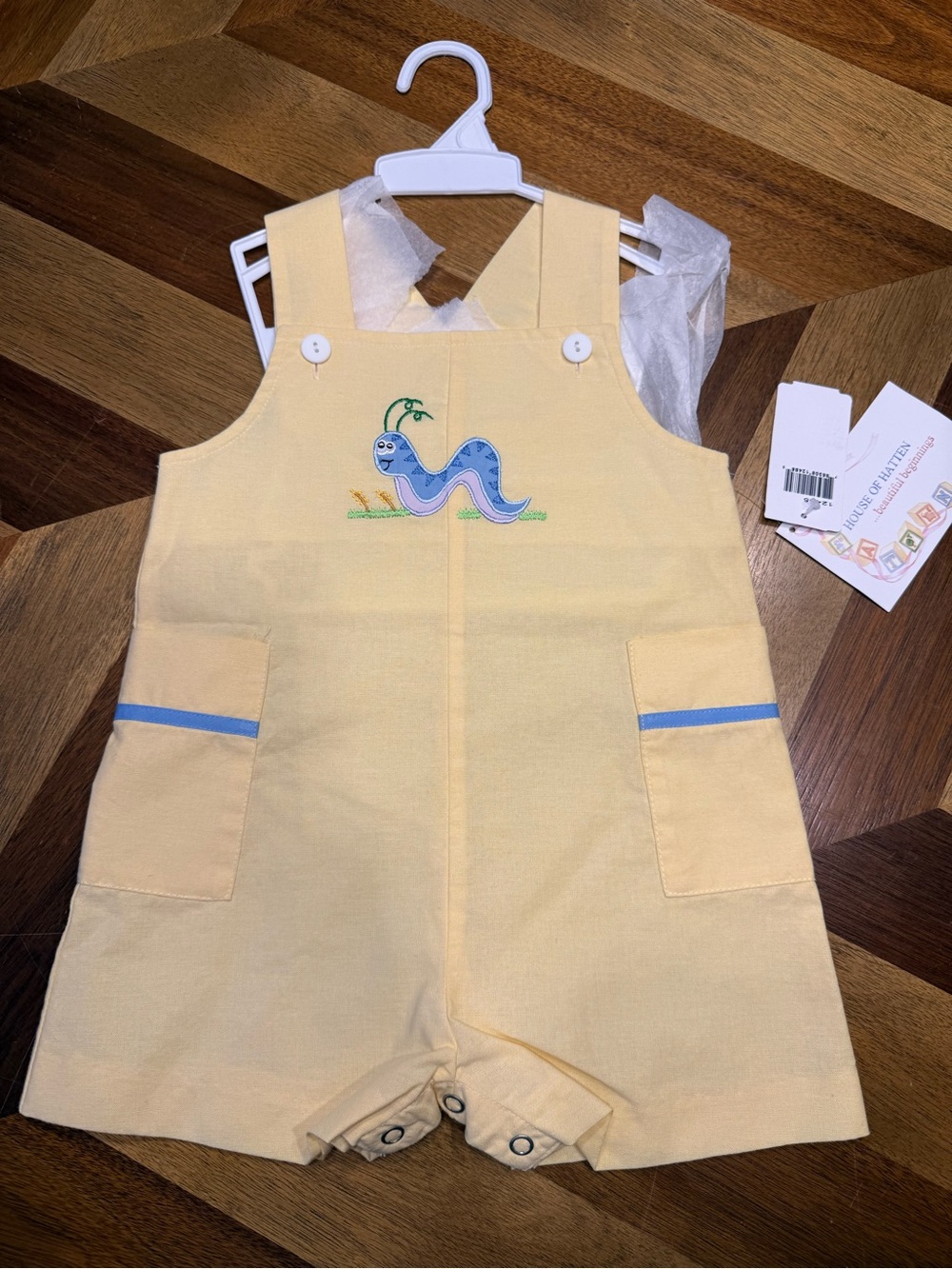 House of Hatten Vintage Yellow Baby One-Piece Romper Blue Worm Embroidery 18 mo